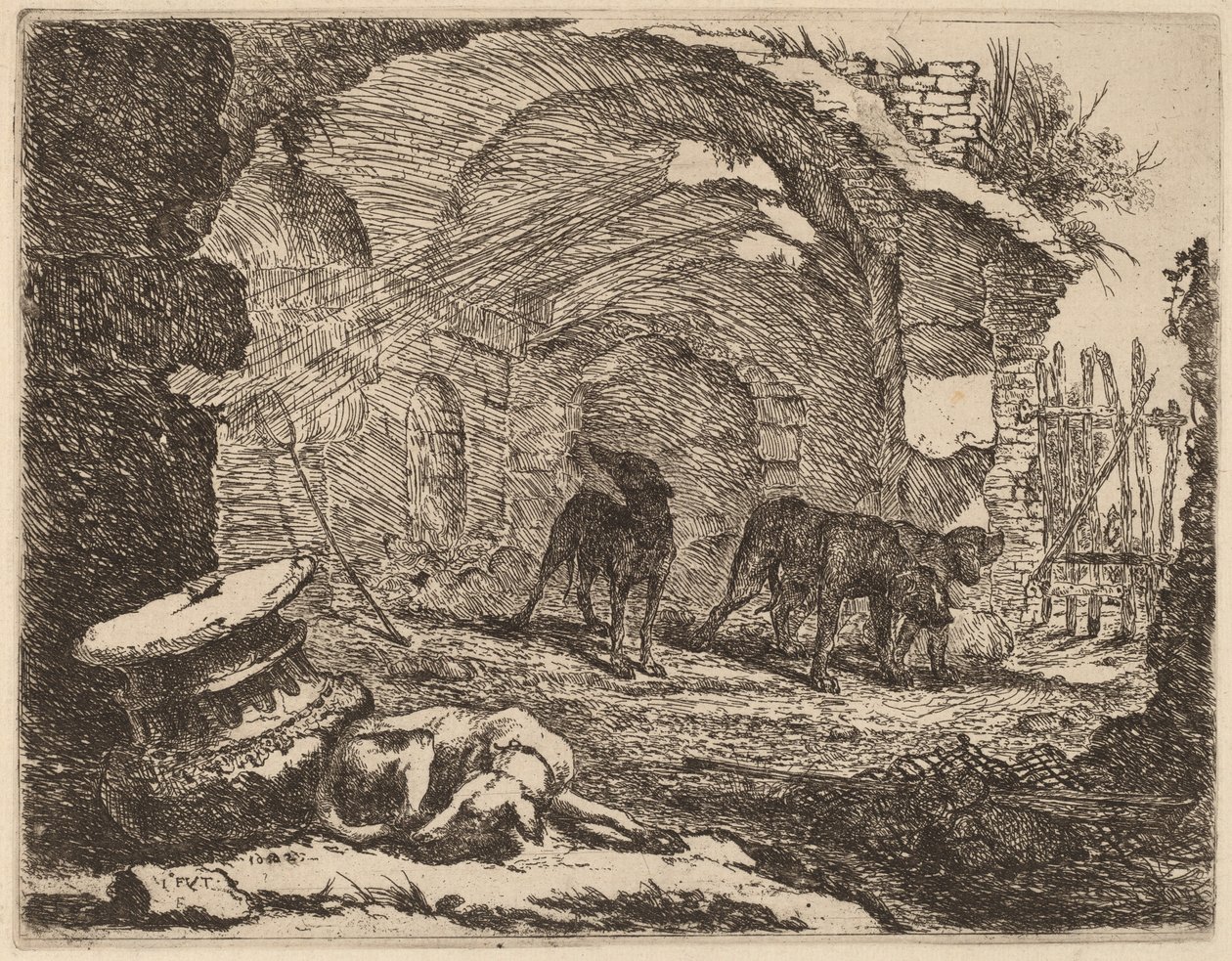 Quatre chiens, un dormant à côté d
