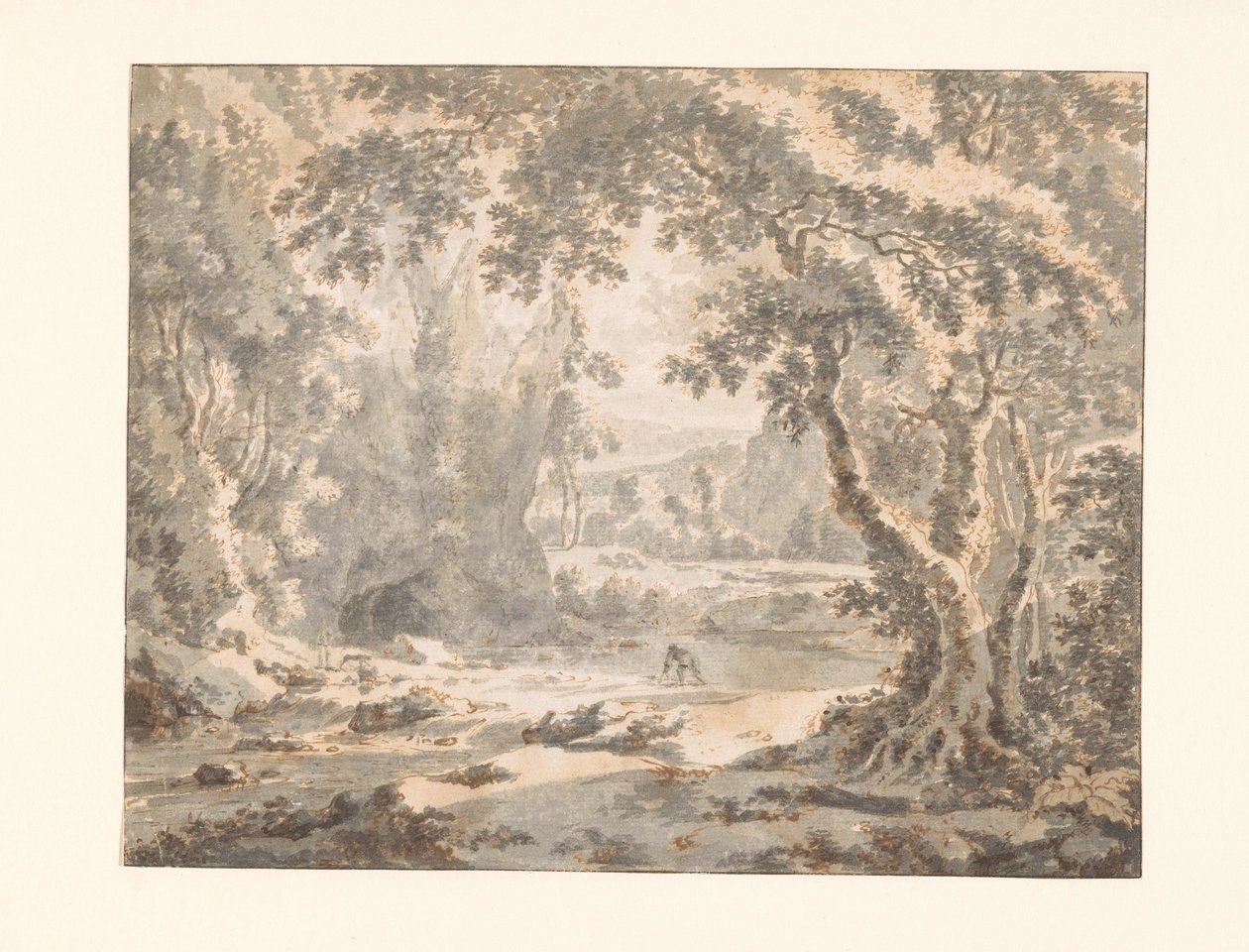 Rivière dans un paysage montagneux boisé - Jan Hackaert
