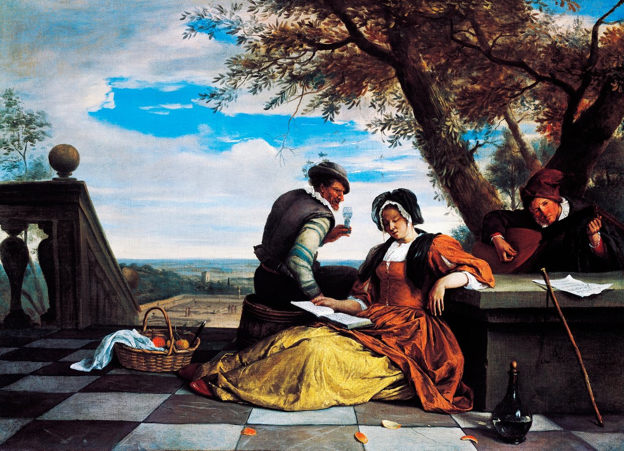 Deux hommes et une jeune femme jouant de la musique sur une terrasse - Jan Havicksz. Steen