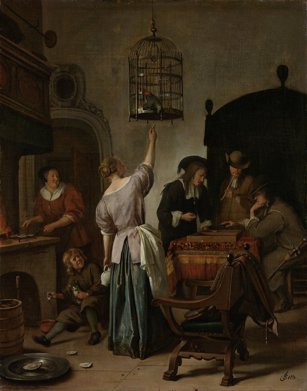 Intérieur avec une femme nourrissant un perroquet, connu sous le nom de 