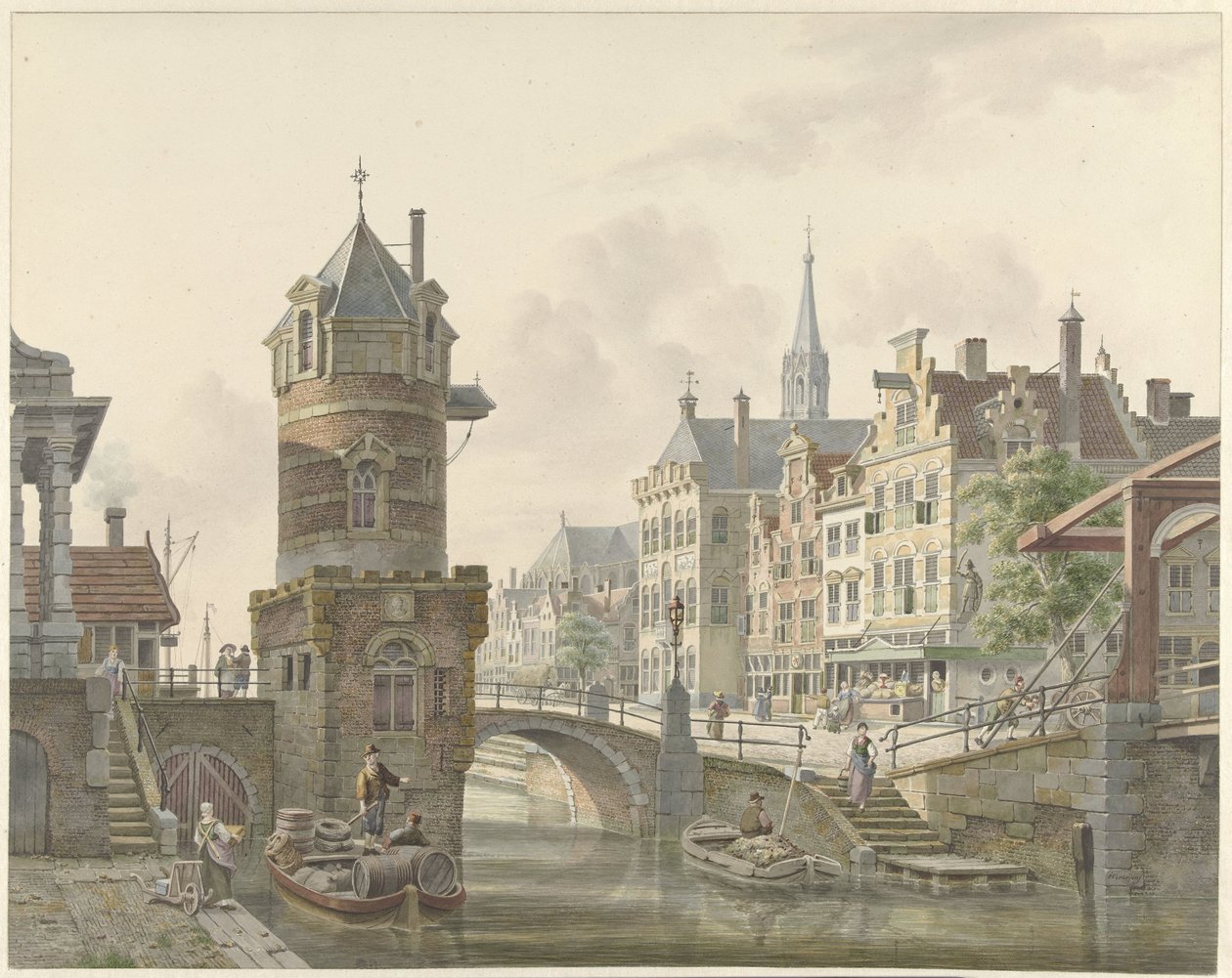 Canal dans une ville avec une petite tour près d