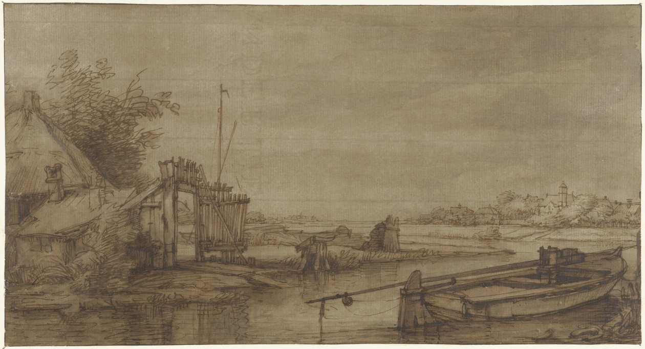 Vue de canal avec ferme et bateau couché - Jan Hulswit (possibly)