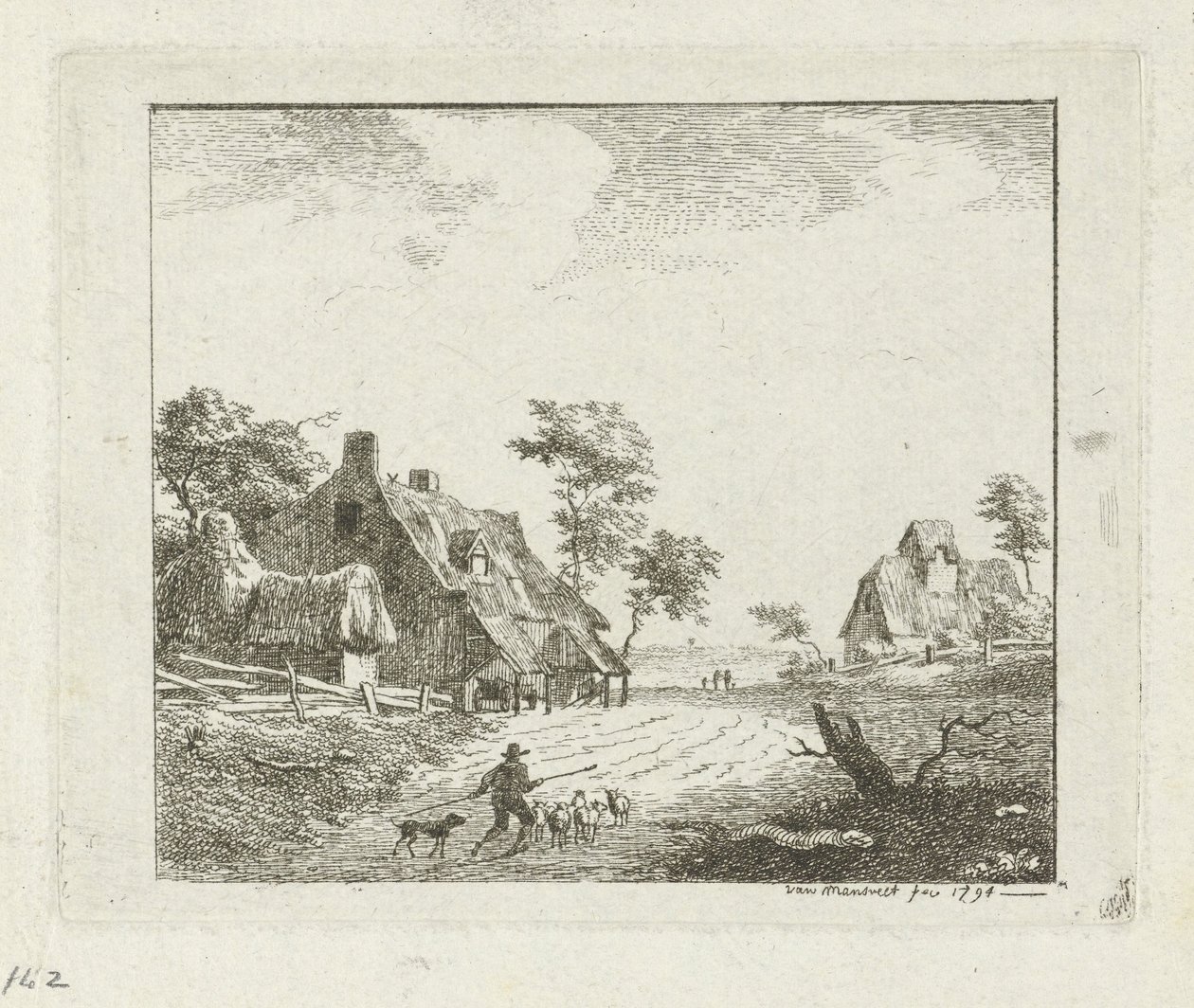 Paysage avec berger et moutons près de deux fermes - Jan Izaak van Mansvelt
