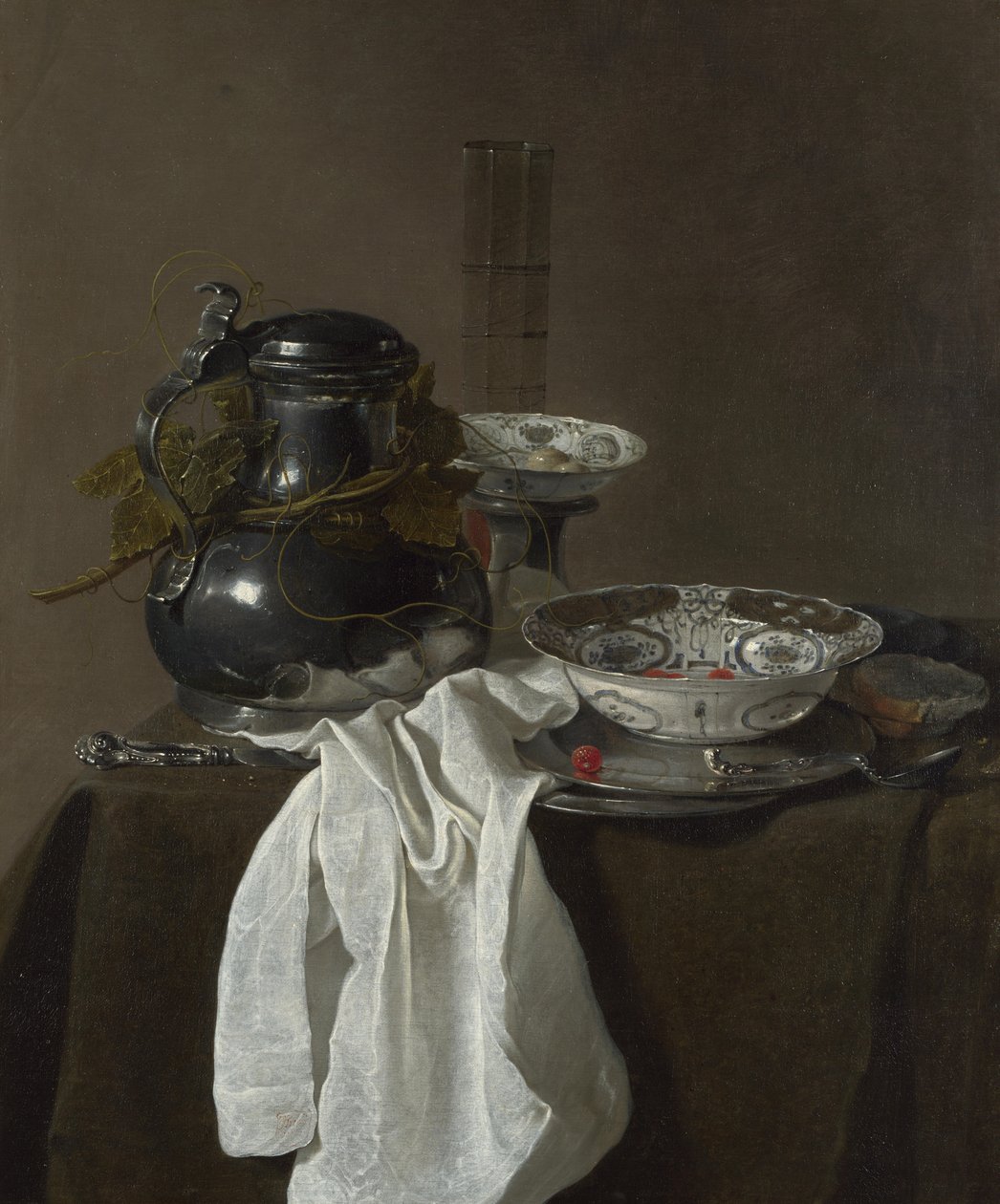Nature morte avec un flacon en étain et deux bols Ming - Jan Jansz. Treck