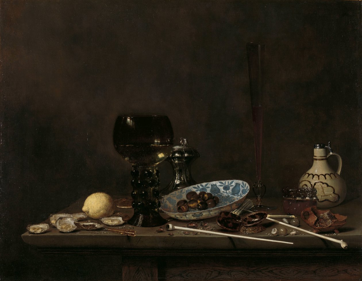Nature morte avec Roemer, verre à flûte, cruche en terre cuite et pipes - Jan Jansz. van de Velde (III)