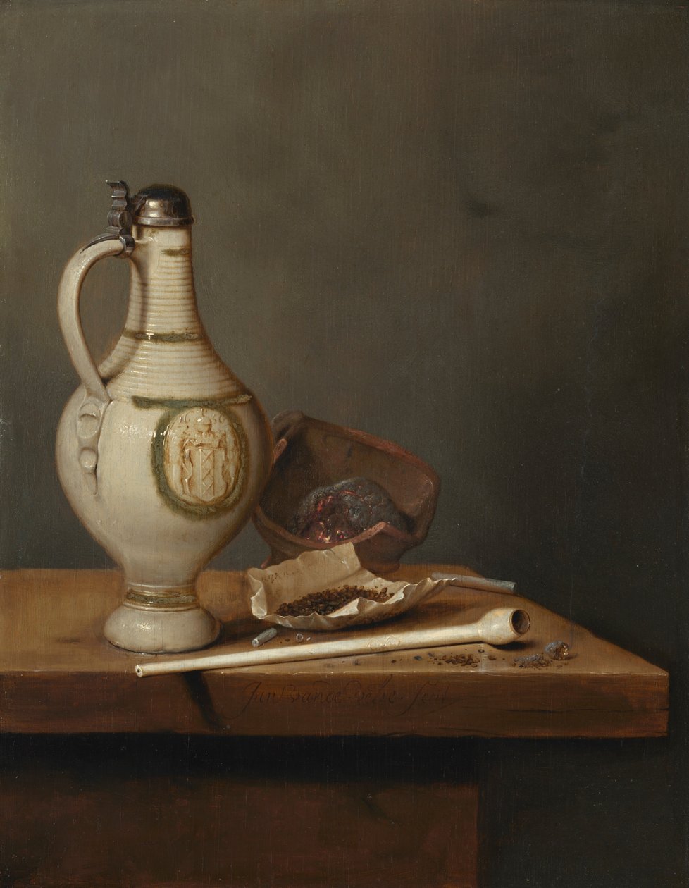 Nature morte avec cruche en grès et pipe, milieu des années 1650 (huile sur panneau) - Jan Jansz. van de Velde