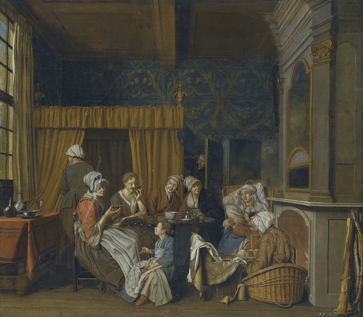 Une famille prenant le thé en célébrant la naissance de jumeaux - Jan Josef Horemans the Younger