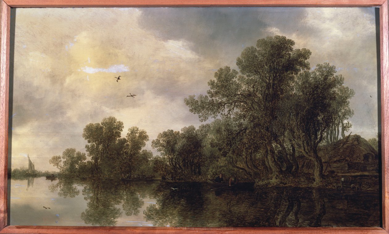 Paysage fluvial boisé, avec des paysans dans une barque à rames près d