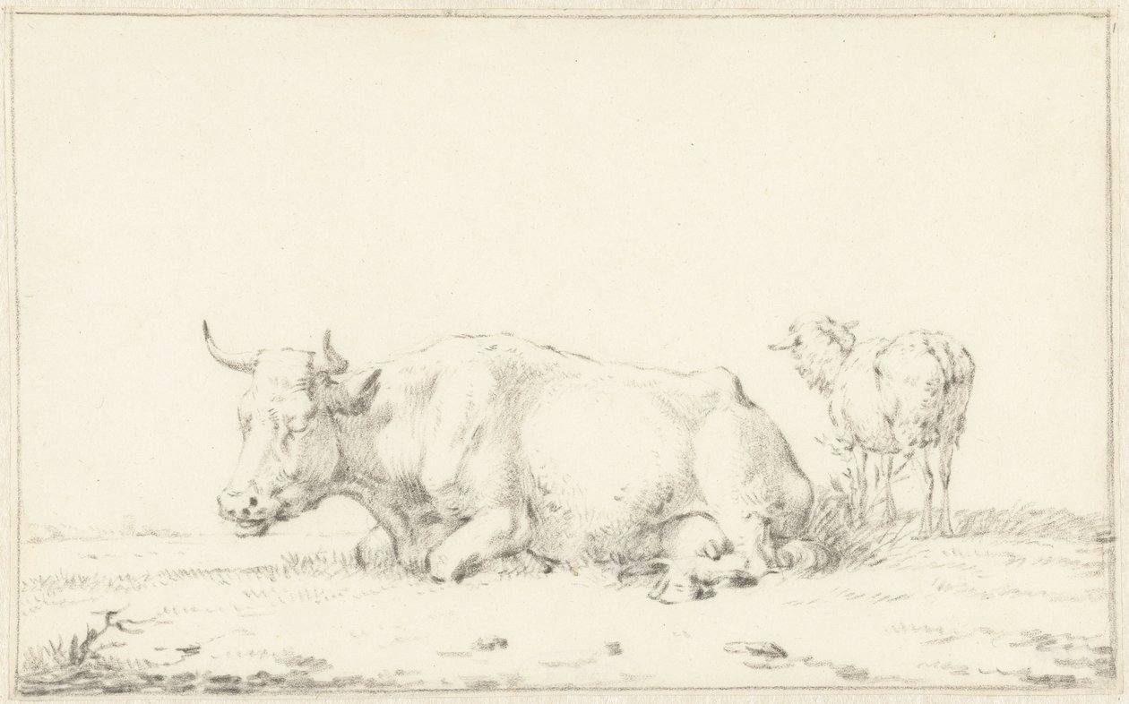 Vache couchée vers la gauche et mouton à droite - Jan Kobell (II)
