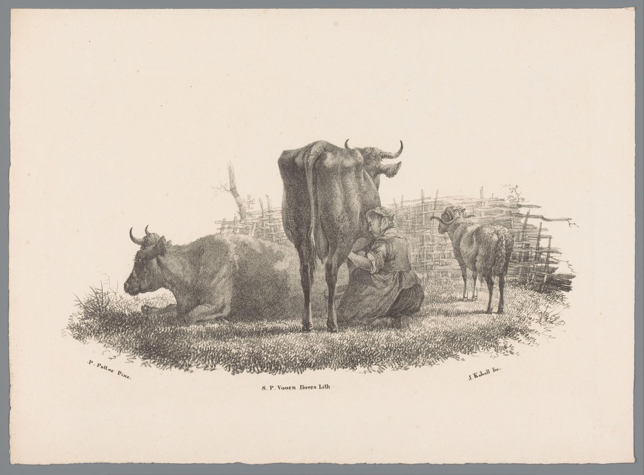 Fermière trayant une vache, deux vaches et un bélier (Beesten Studien door J. Kobell naar Paul Potter Nr. 1) - Jan Kobell (III)