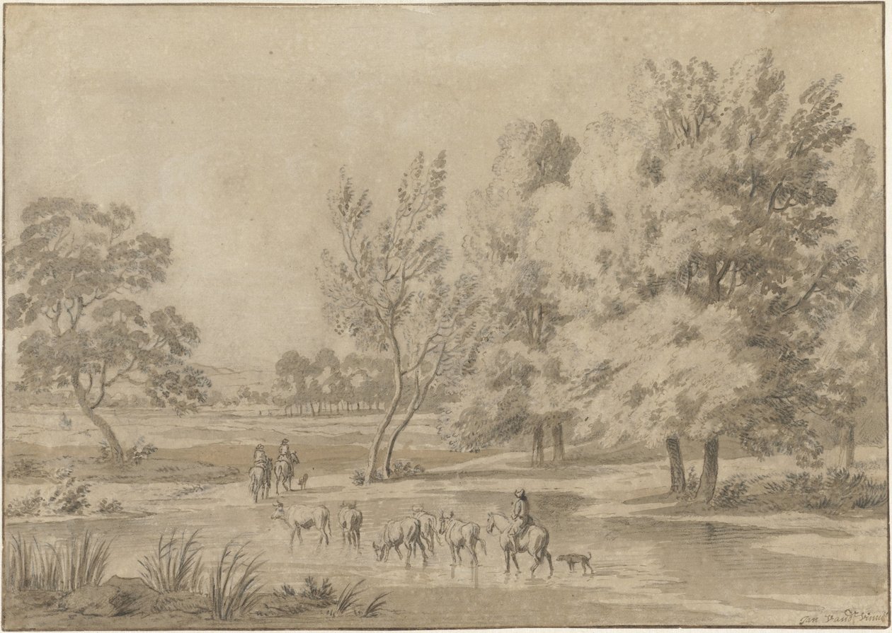 Paysage avec arbres, cavaliers et quelques vaches dans un abreuvoir - Jan Laurensz. van der Vinne