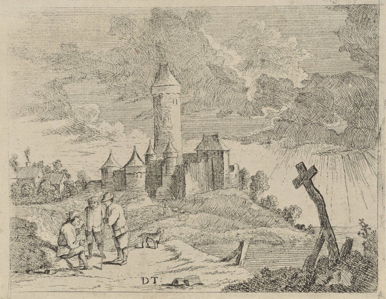 Paysage avec château et trois hommes - Jan Lauwryn Krafft (I) (possibly)