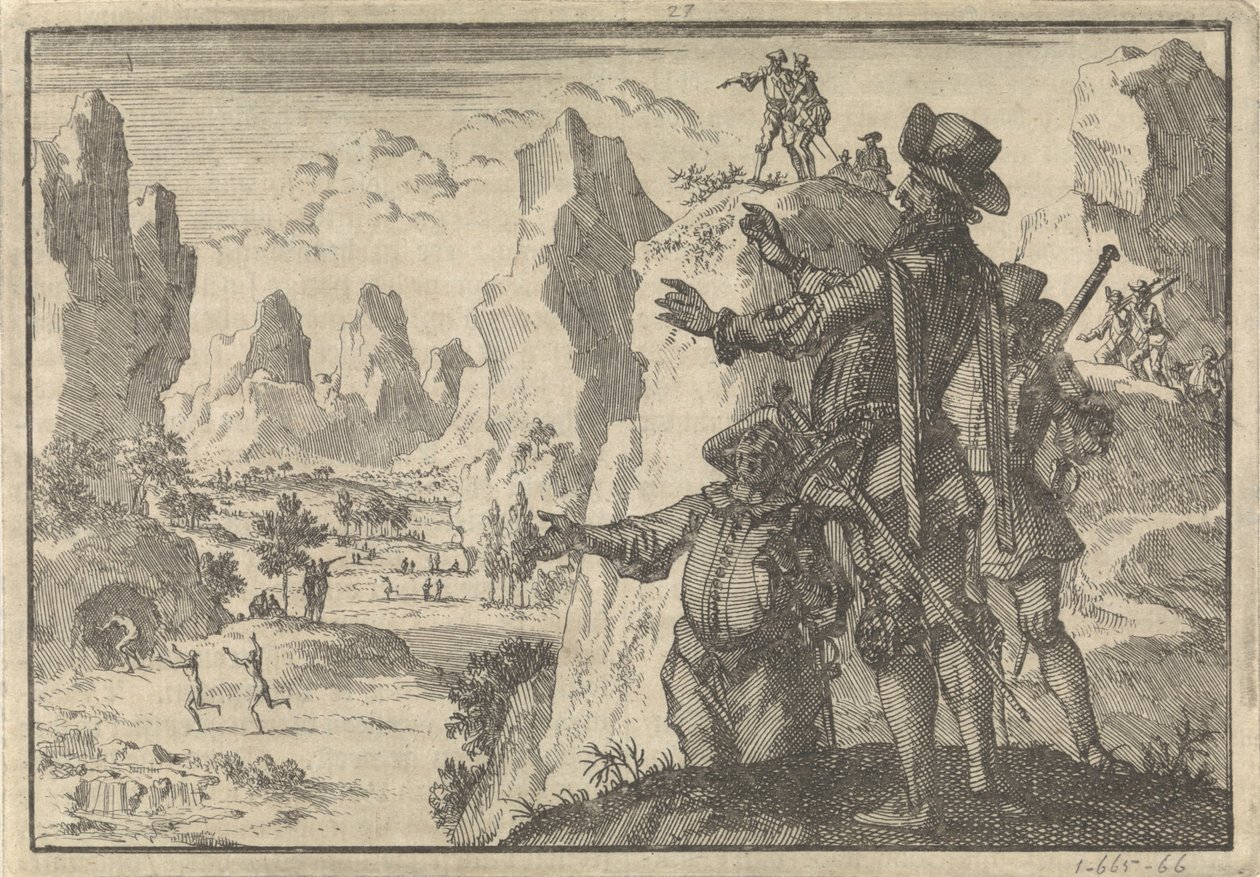 Espagnols armés regardant des hommes sauvages depuis des rochers, vers 1600 - Jan Luyken