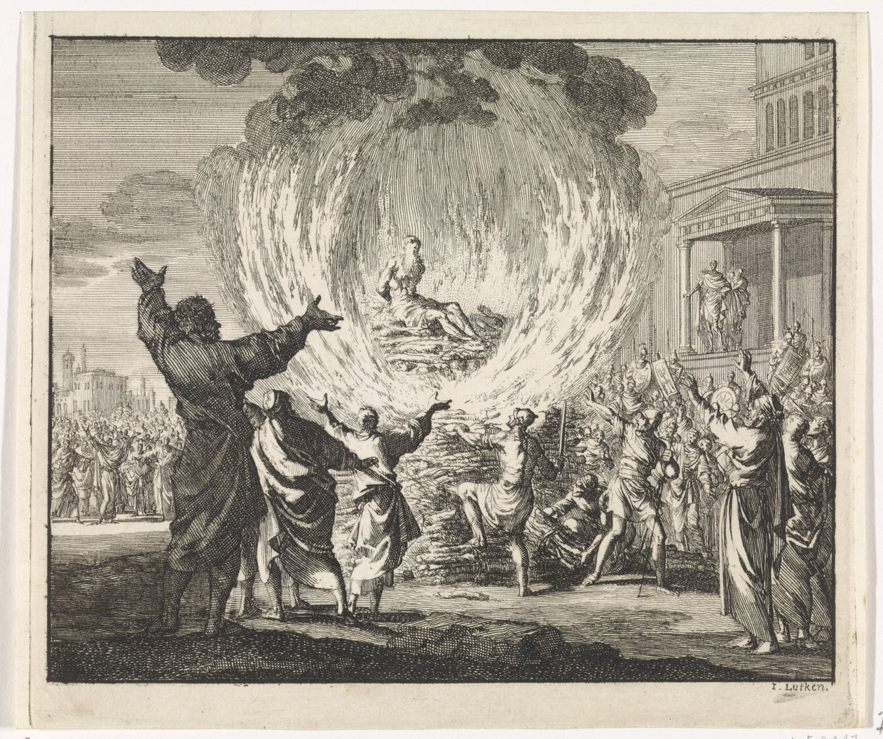 Saint Polycarpe sur un bûcher mais les flammes ne le brûlent pas - Jan Luyken