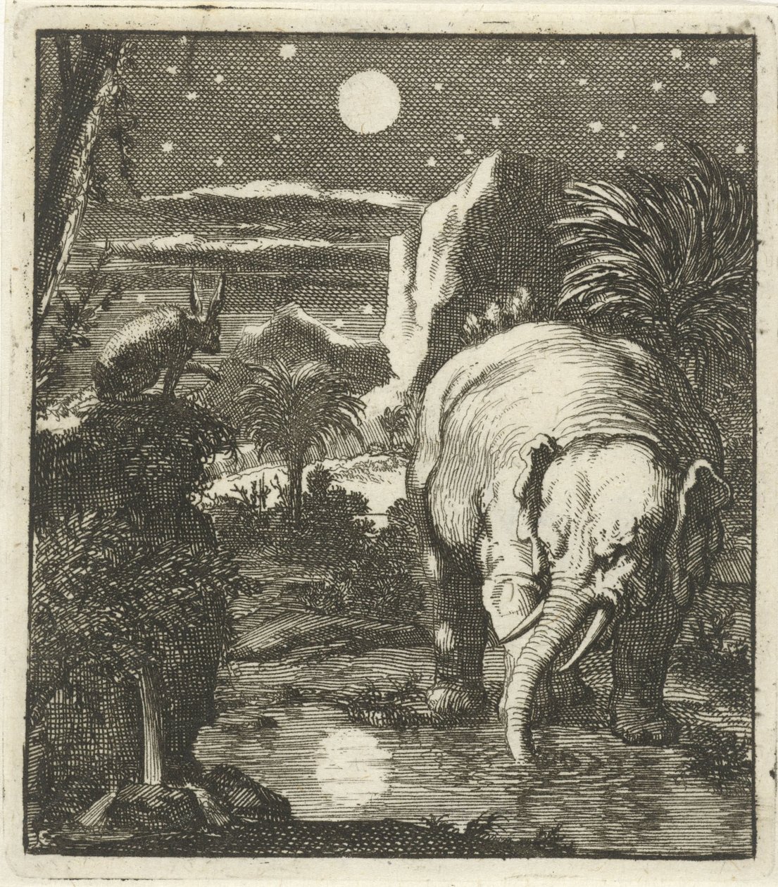 Lièvre et éléphant avec pleine lune près d