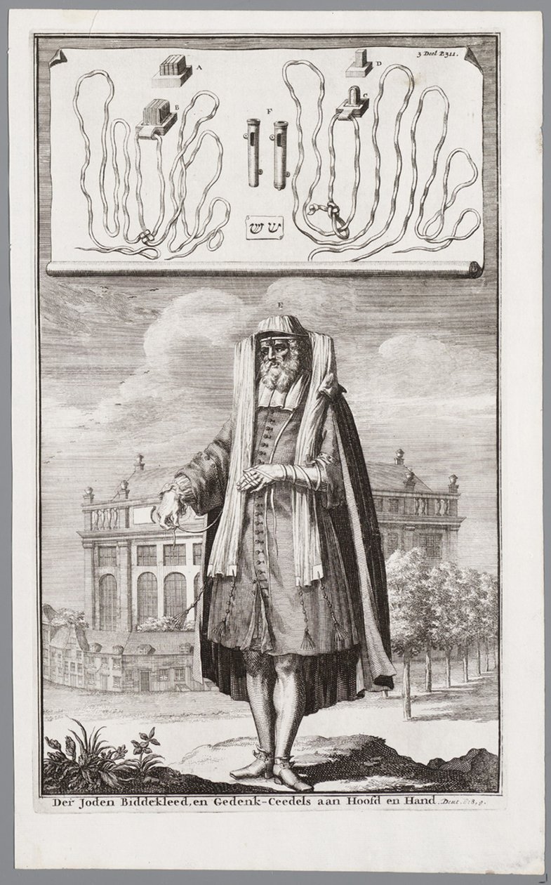 Homme juif, habillé pour la prière. En arrière-plan, la synagogue portugaise d