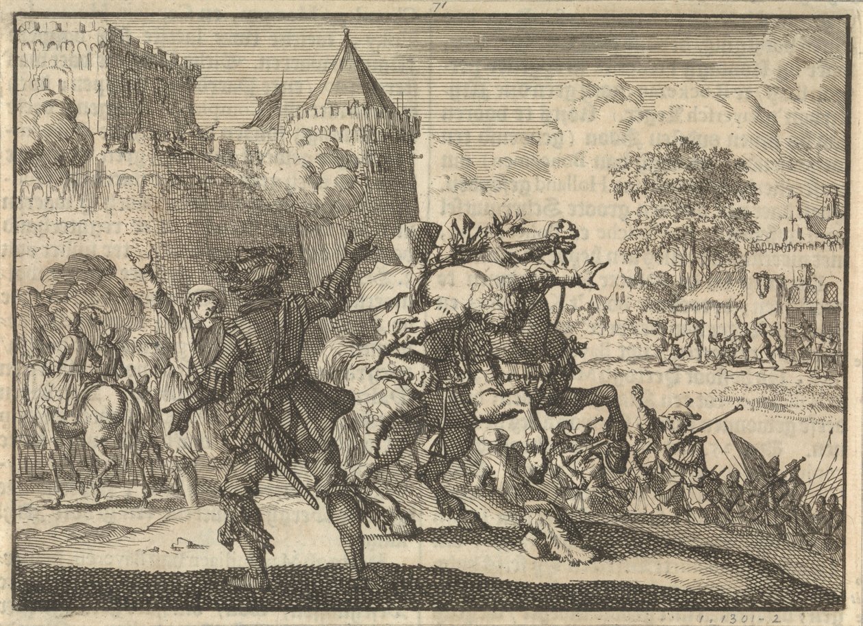 Le commandant impérial Dampier tombe de son cheval après un tir depuis les murs de Presbourg (Bratislava), 1620 - Jan Luyken