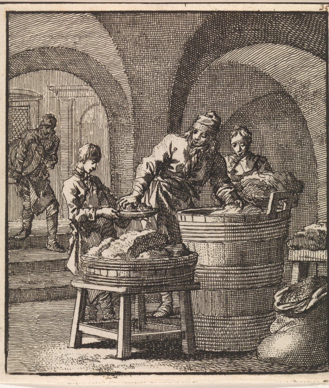 Des hommes mettent des morceaux de viande et du sel dans un tonneau - Jan Luyken