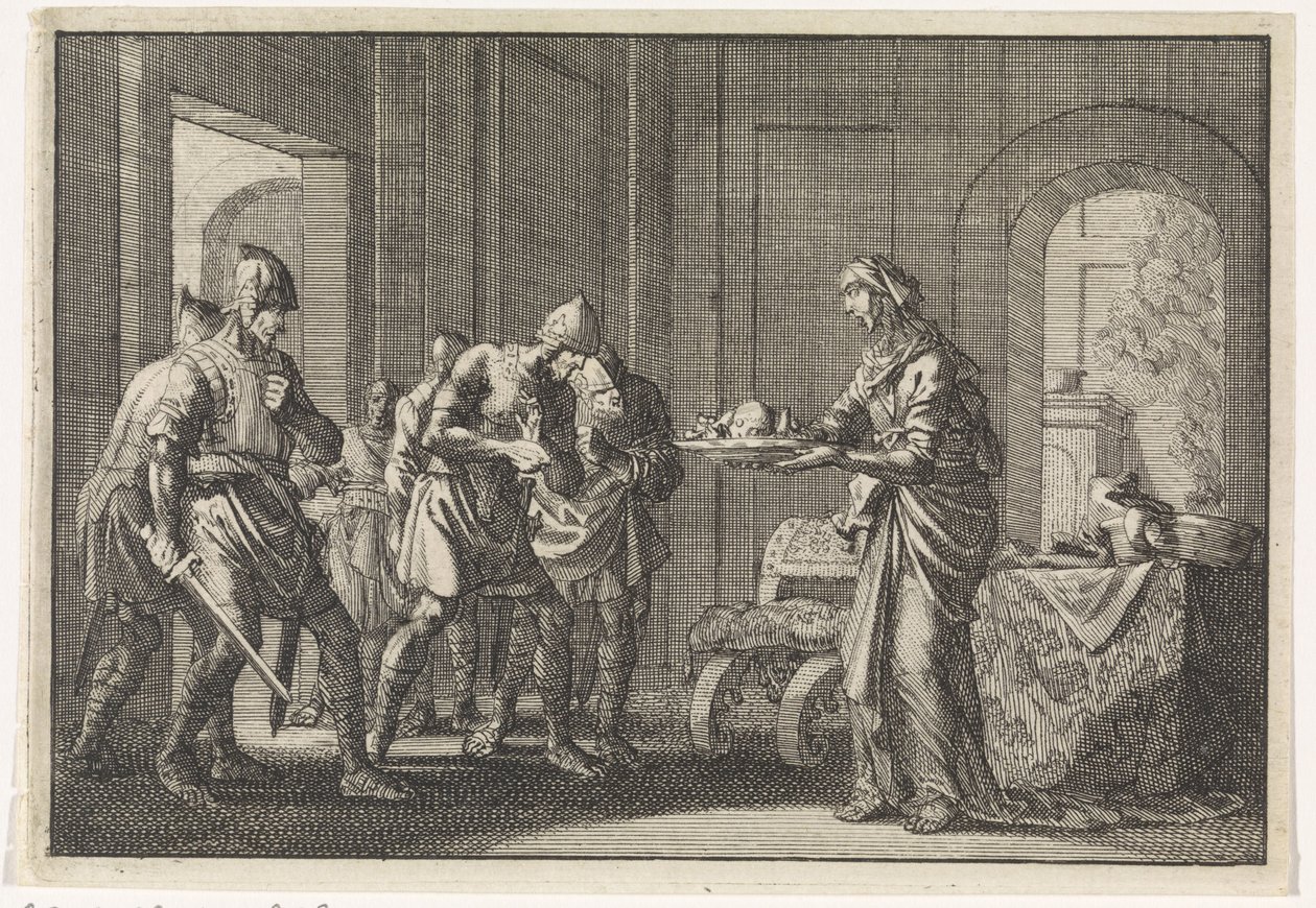 Une mère montre aux guerriers les restes de son enfant mangé pendant la famine à Jérusalem, 1704 - Jan Luyken