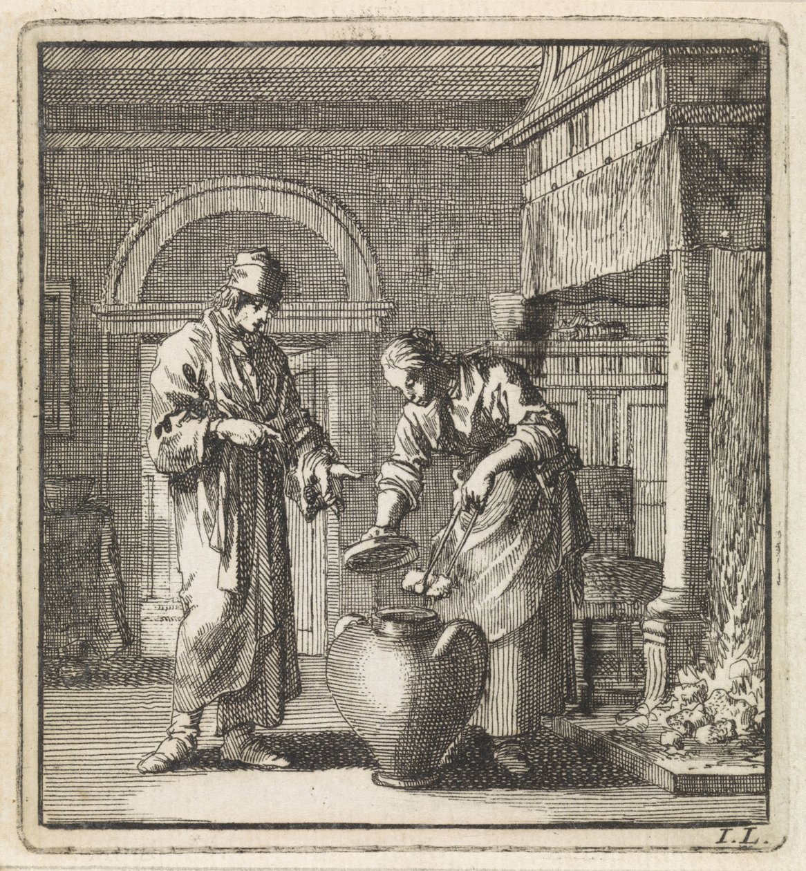 Femme mettant un charbon ardent dans le pot à feu - Jan Luyken