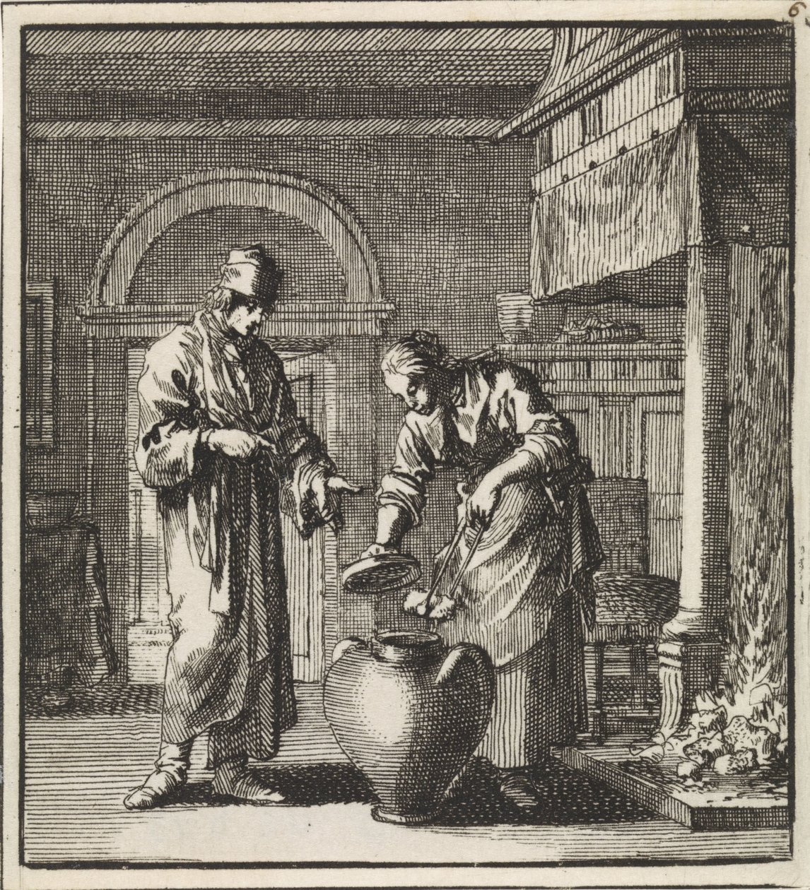 Une femme met un charbon ardent dans le pot à éteindre le feu - Jan Luyken
