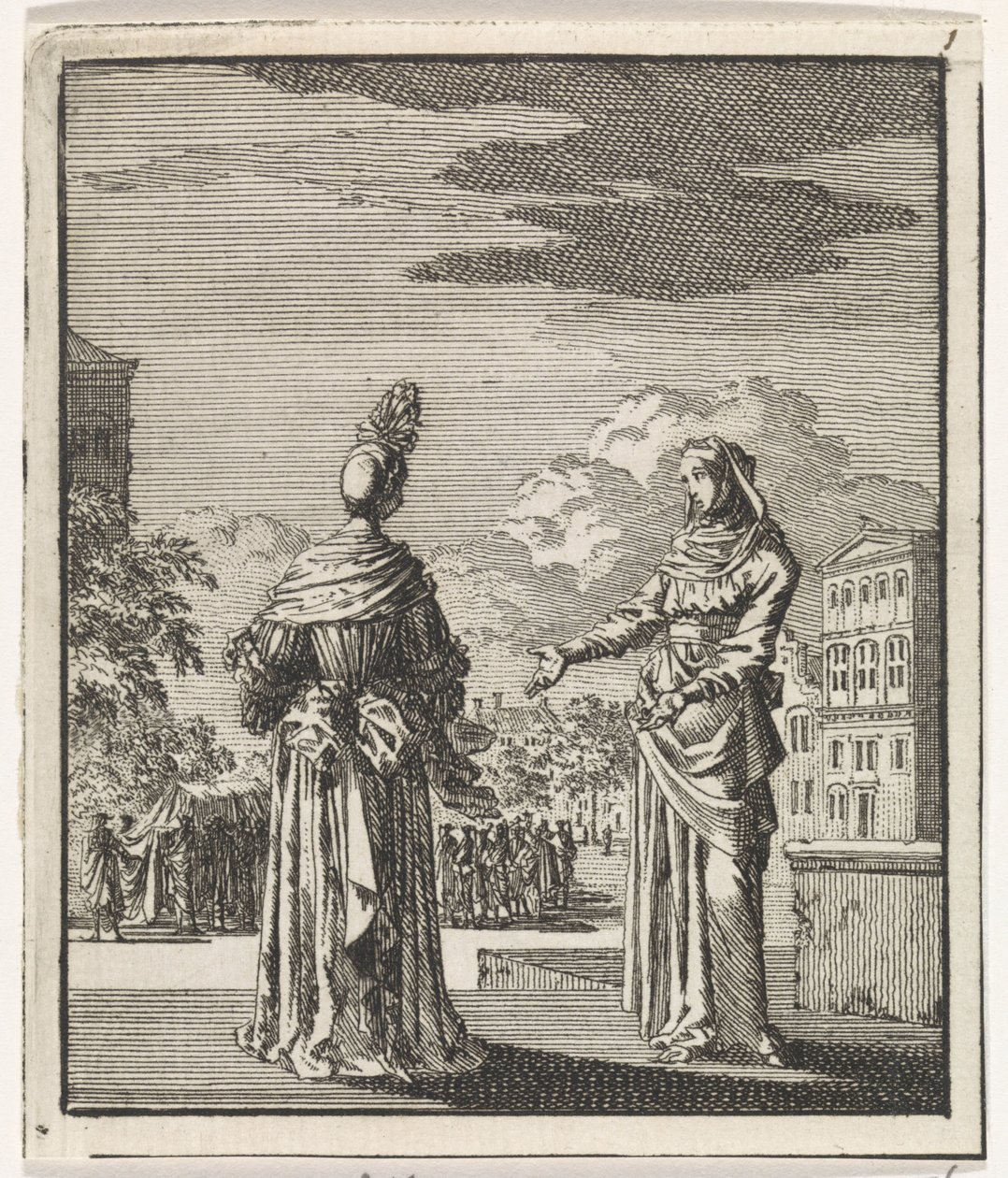Femme montrant à une dame un cortège funèbre passant - Jan Luyken