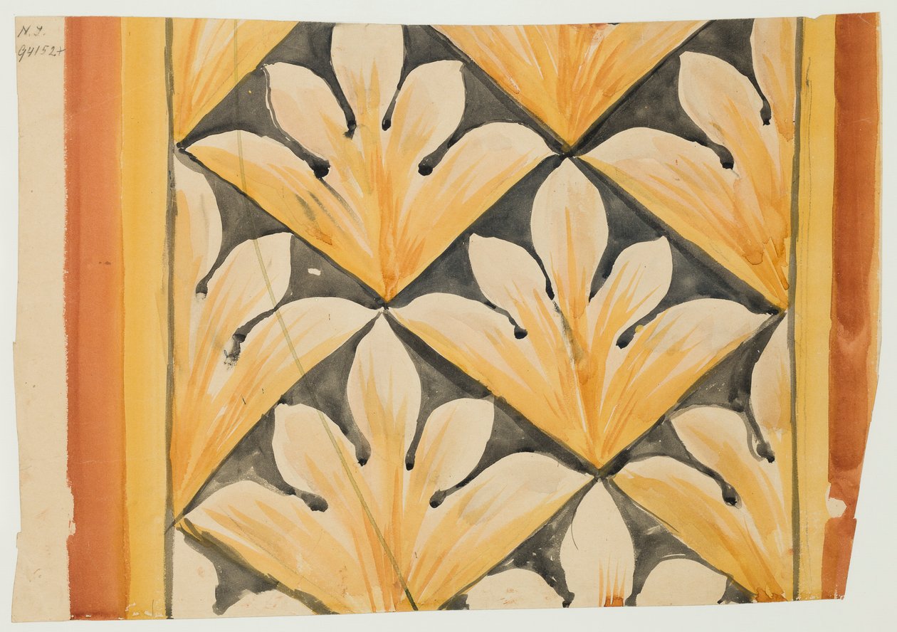 Frise à motifs de palmettes inscrits dans des grilles diagonales. Carton pour la polychromie de l