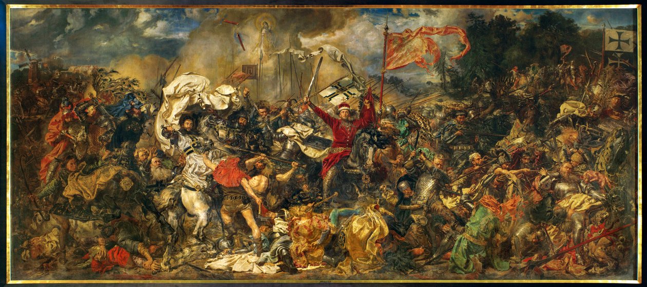 La bataille de Grunwald, au cours de laquelle une armée polono-lituanienne, menée par le roi de Pologne Wladyslav II Jagiello ... (peinture sur toile) - Jan Matejko