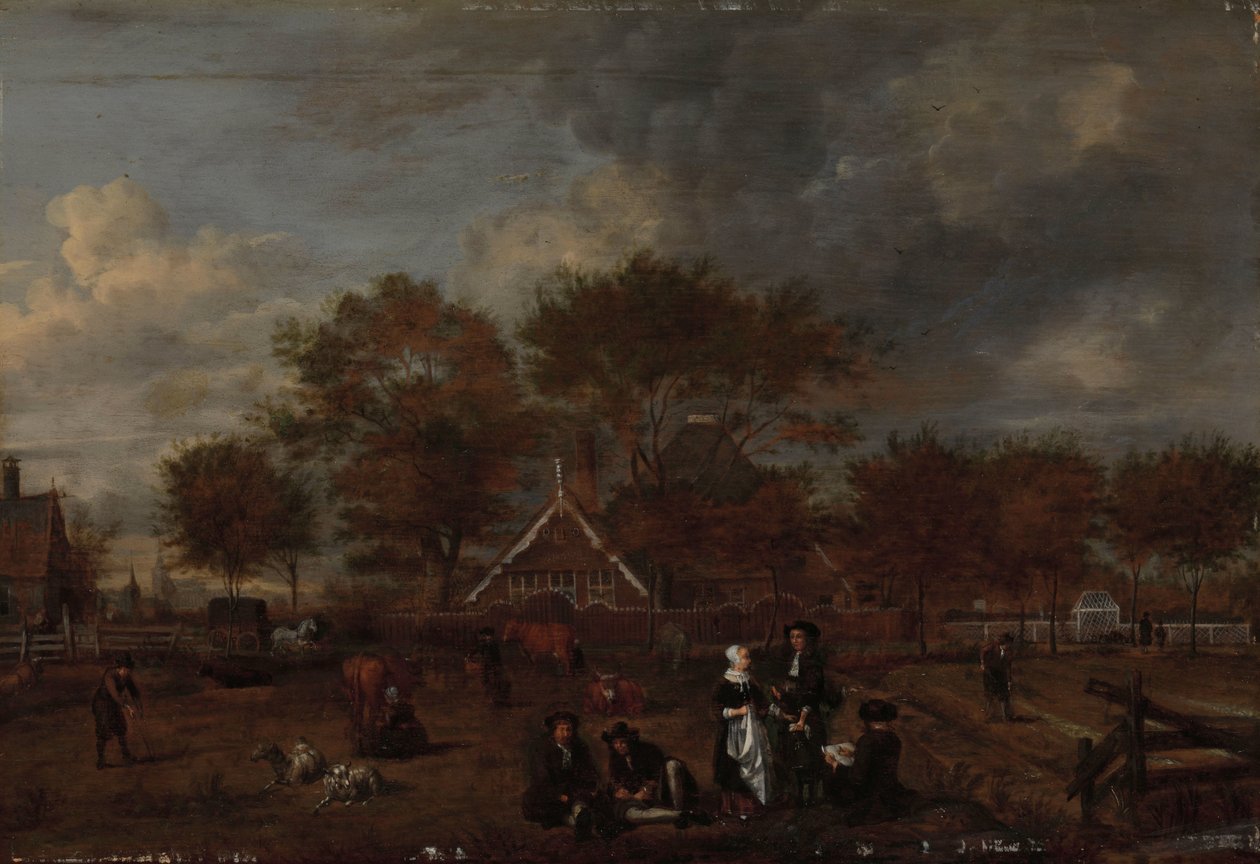Ferme avec le gentilhomme fermier et sa femme et le peintre au premier plan - Jan Pietersz Opperdoes
