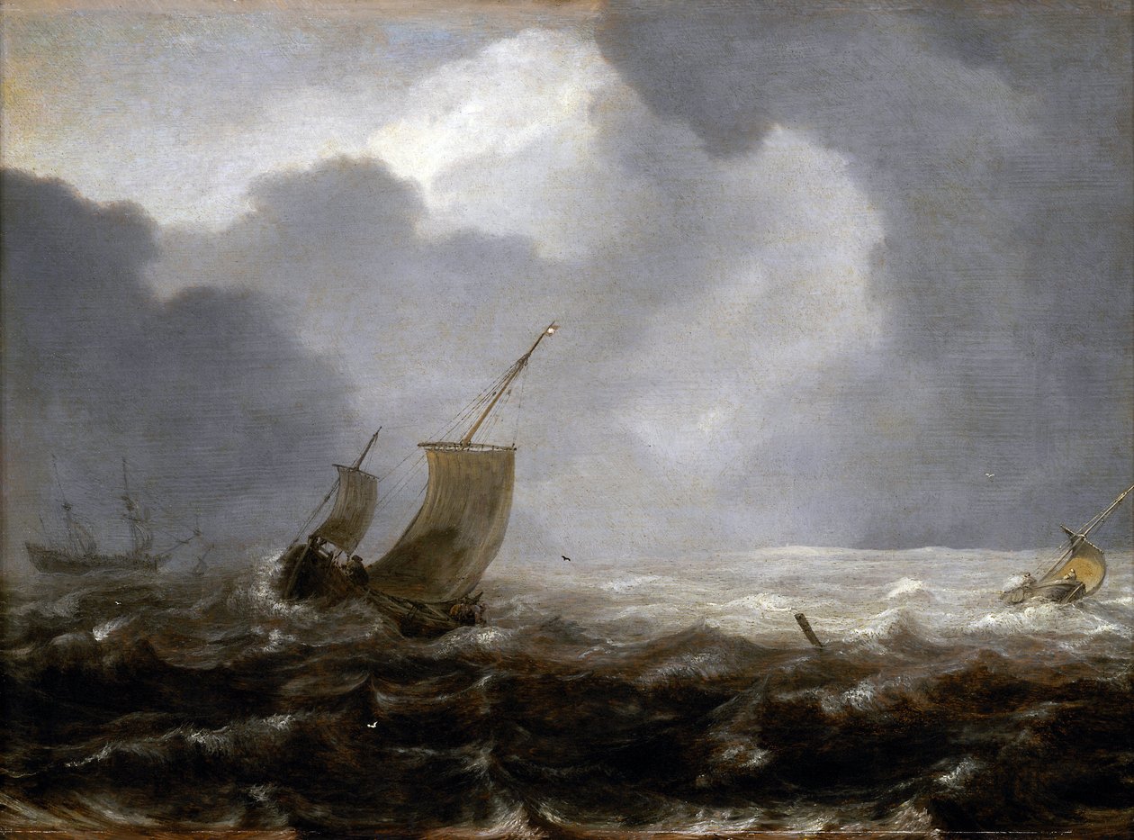 Bateaux de pêche par jour venteux, celui de gauche - Jan Porcellis