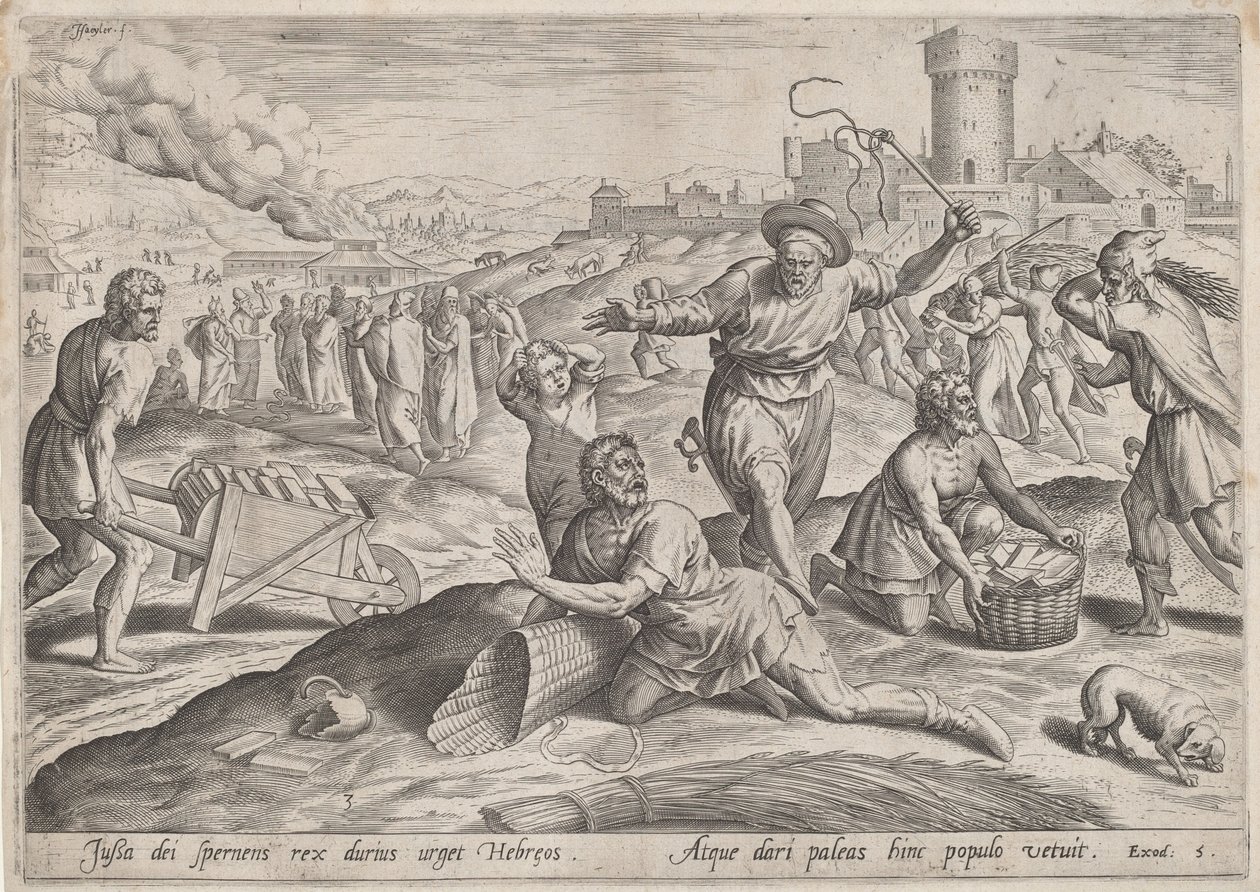 Le contremaître du pharaon battant les Israélites - Jan Sadeler I, Maarten van Cleef
