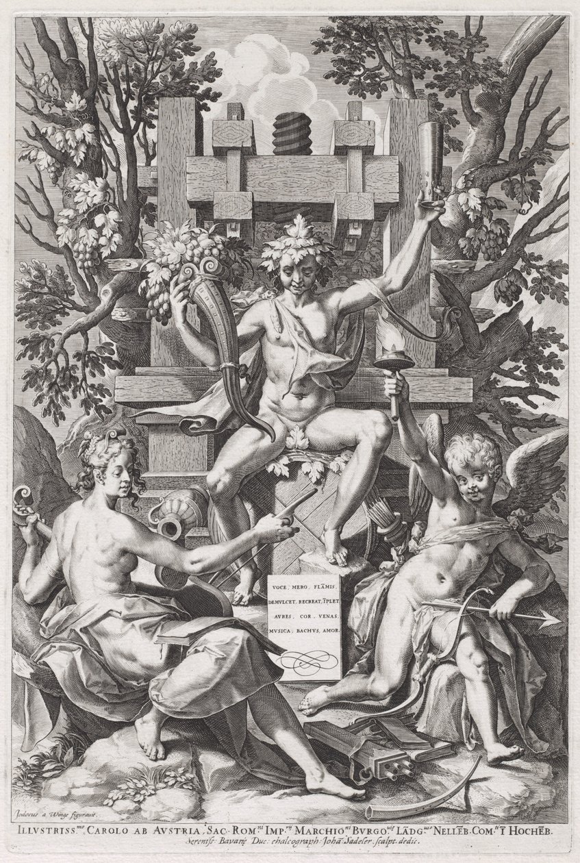 Bacchus assis sur un tonneau entre l