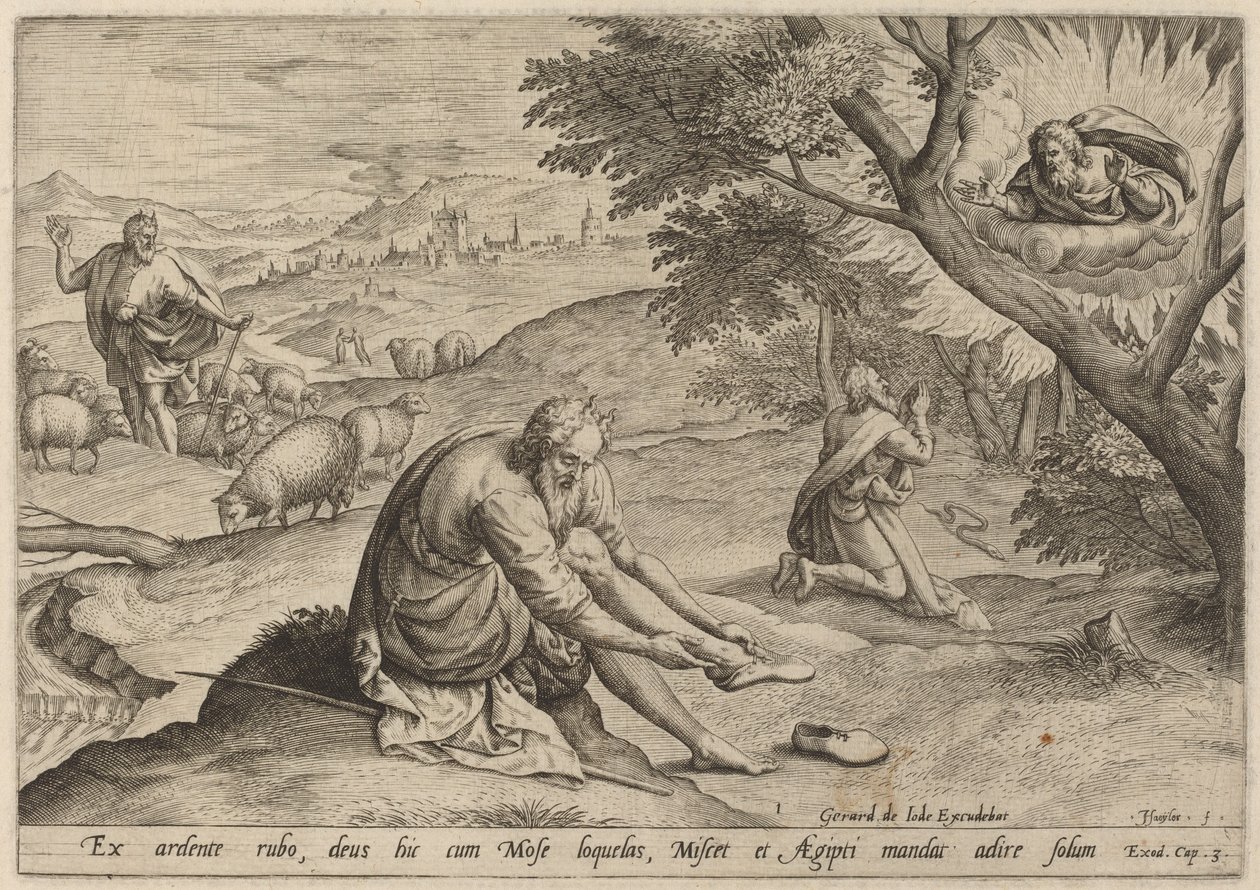 Dieu apparaissant à Moïse - Jan Sadeler I, after Maarten van Cleef