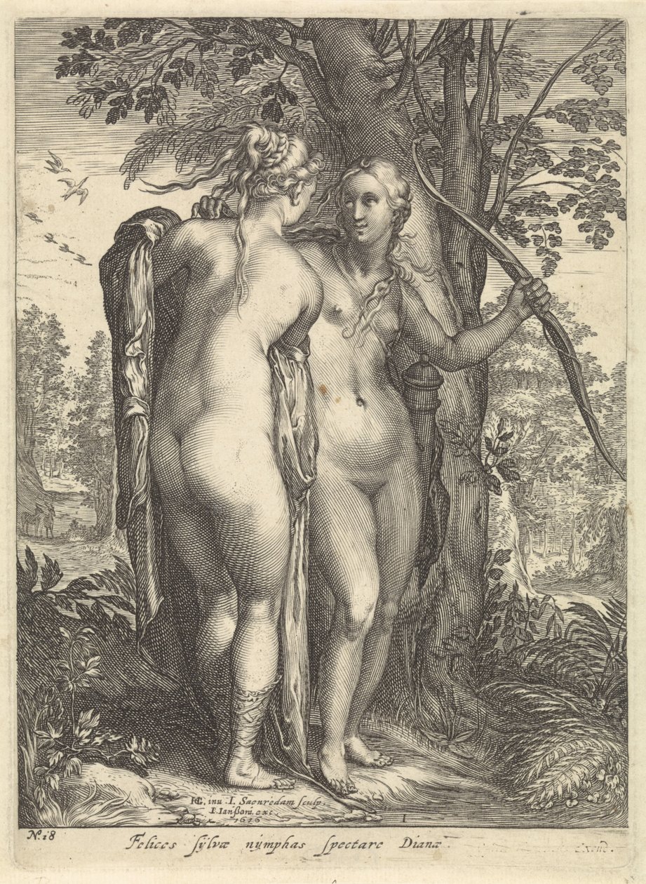 Diane et une nymphe devant un arbre (Diana en haar nimfen) - Jan Saenredam