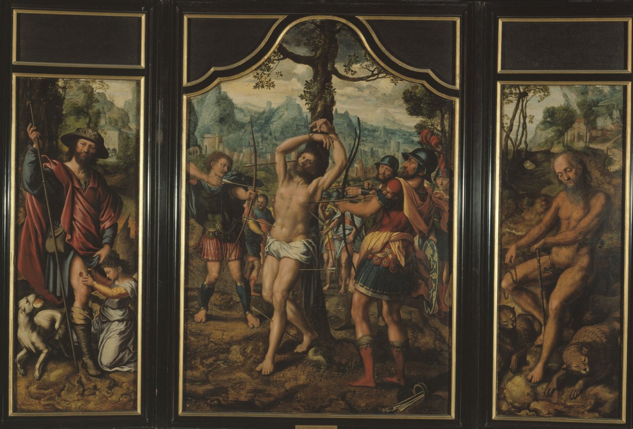 Triptyque du Martyre de Saint Sébastien (panneau central) : Saint Roch (panneau gauche), Saint Onuphre (panneau droit), Saint Pierre (verso du panneau droit), Saint Étienne (verso du panneau gauche), entre 1525 et 1566 - Jan Sanders van Hemessen
