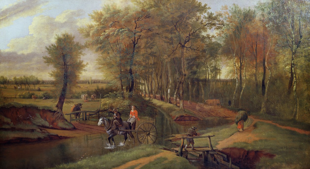 Paysage Fluvial Boisé avec Figures, Cheval et Charrette, 1692 - Jan Siberechts