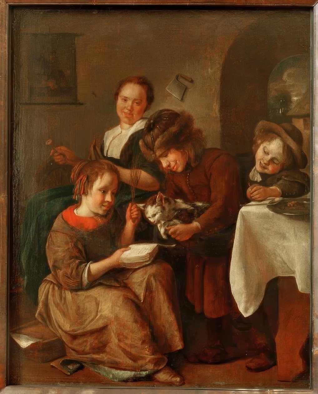 Des enfants apprennent à un chat à lire - Jan Havickszoon Steen