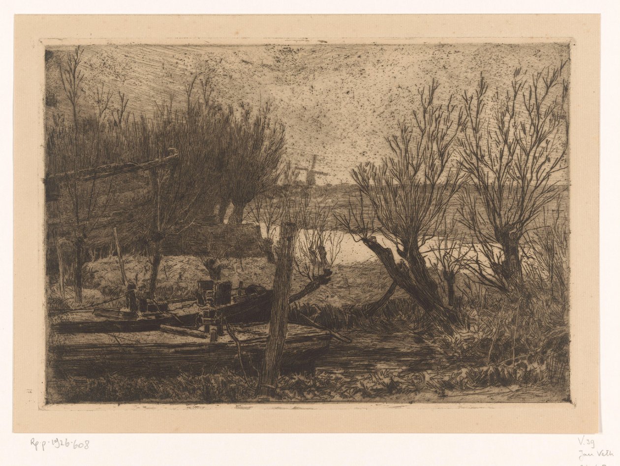 Paysage avec des barques dans un fossé près d