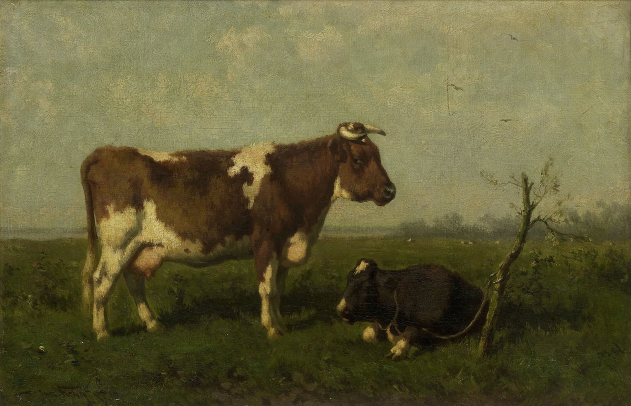 Une vache avec son veau dans un pré - Johannes Martinus Vrolijk