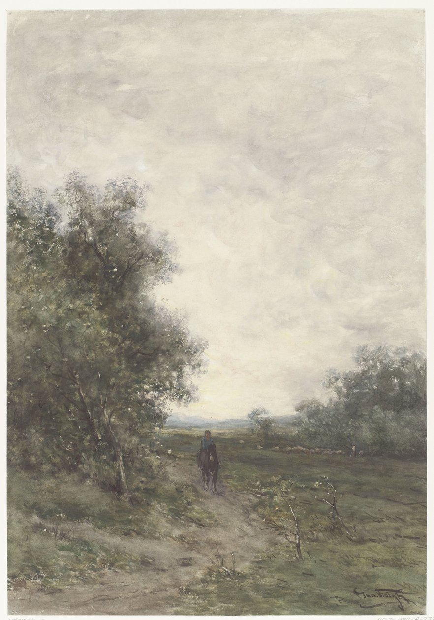 Paysage avec un cavalier et un troupeau de moutons avec berger - Johannes Martinus Vrolijk