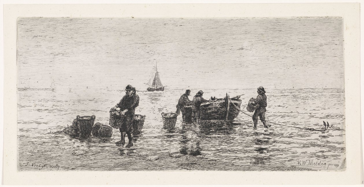 Pêcheurs déchargeant une barque sur la plage - Johannes Martinus Vrolijk