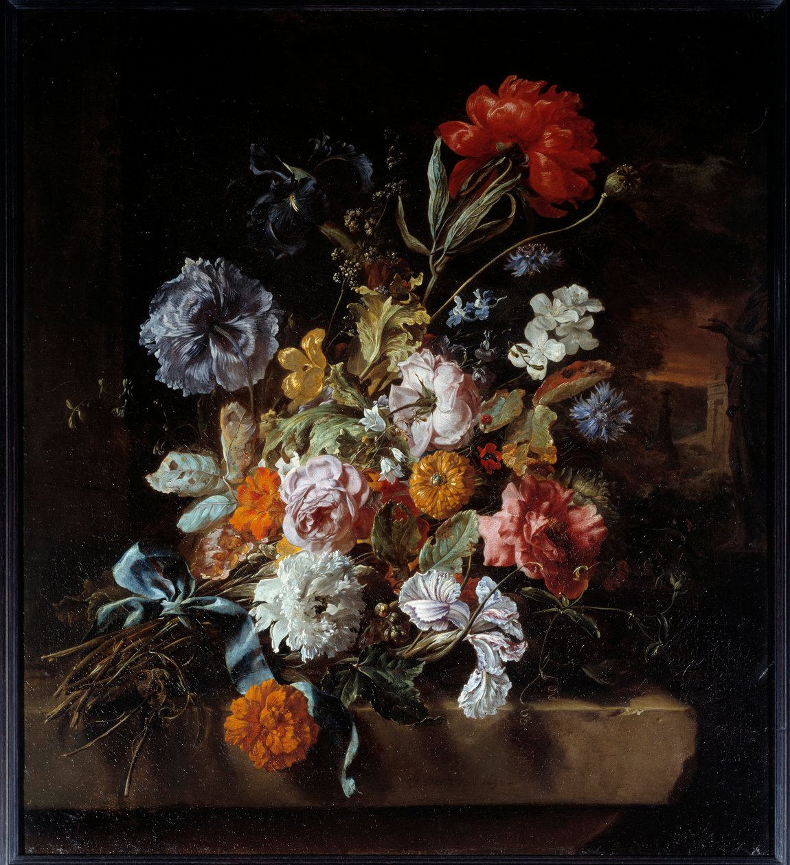 Bouquet de fleurs déposé sur un banc de pierre - Jan Baptist Weenix