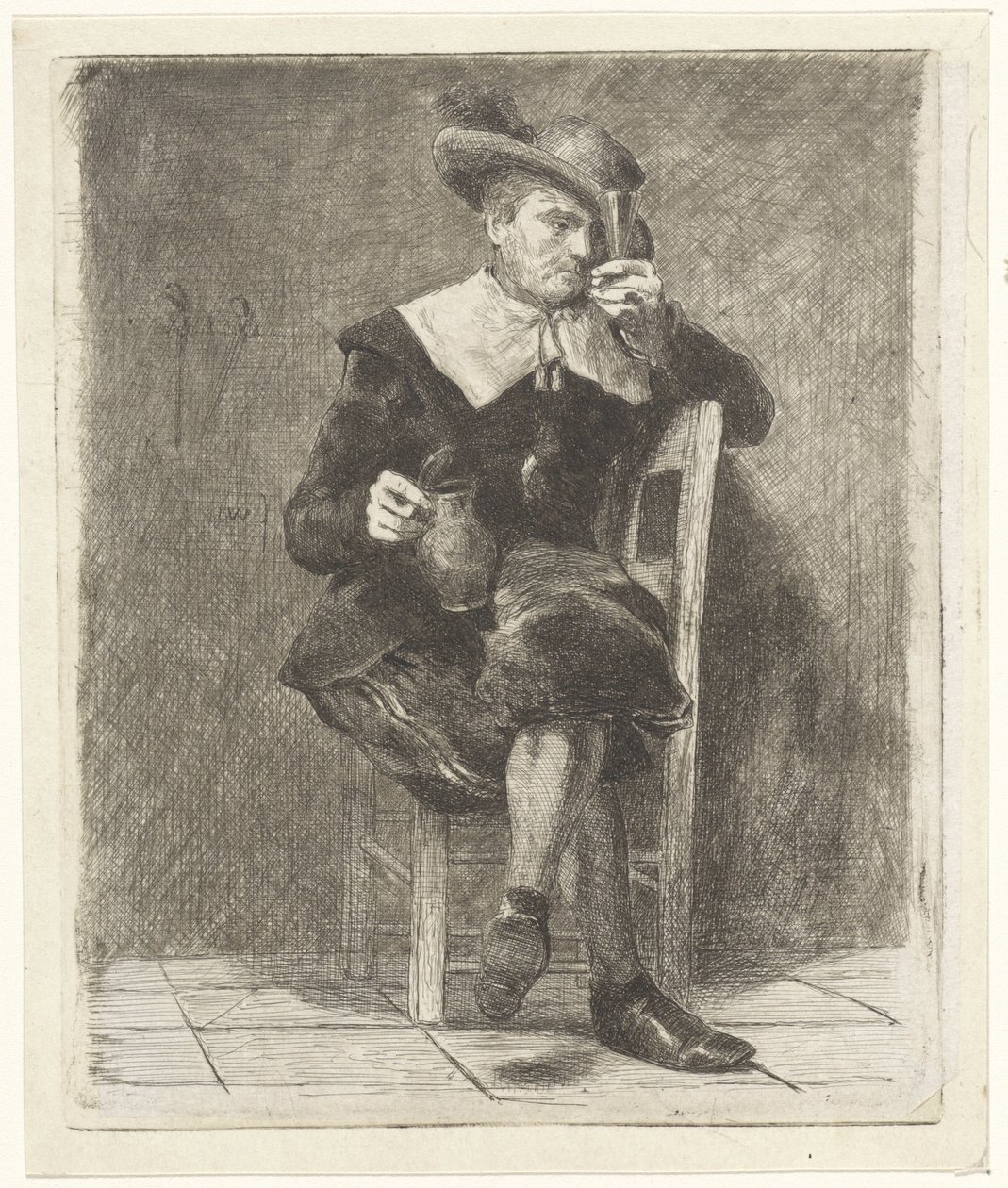 Homme avec cruche et verre sur une chaise - Jan Weissenbruch