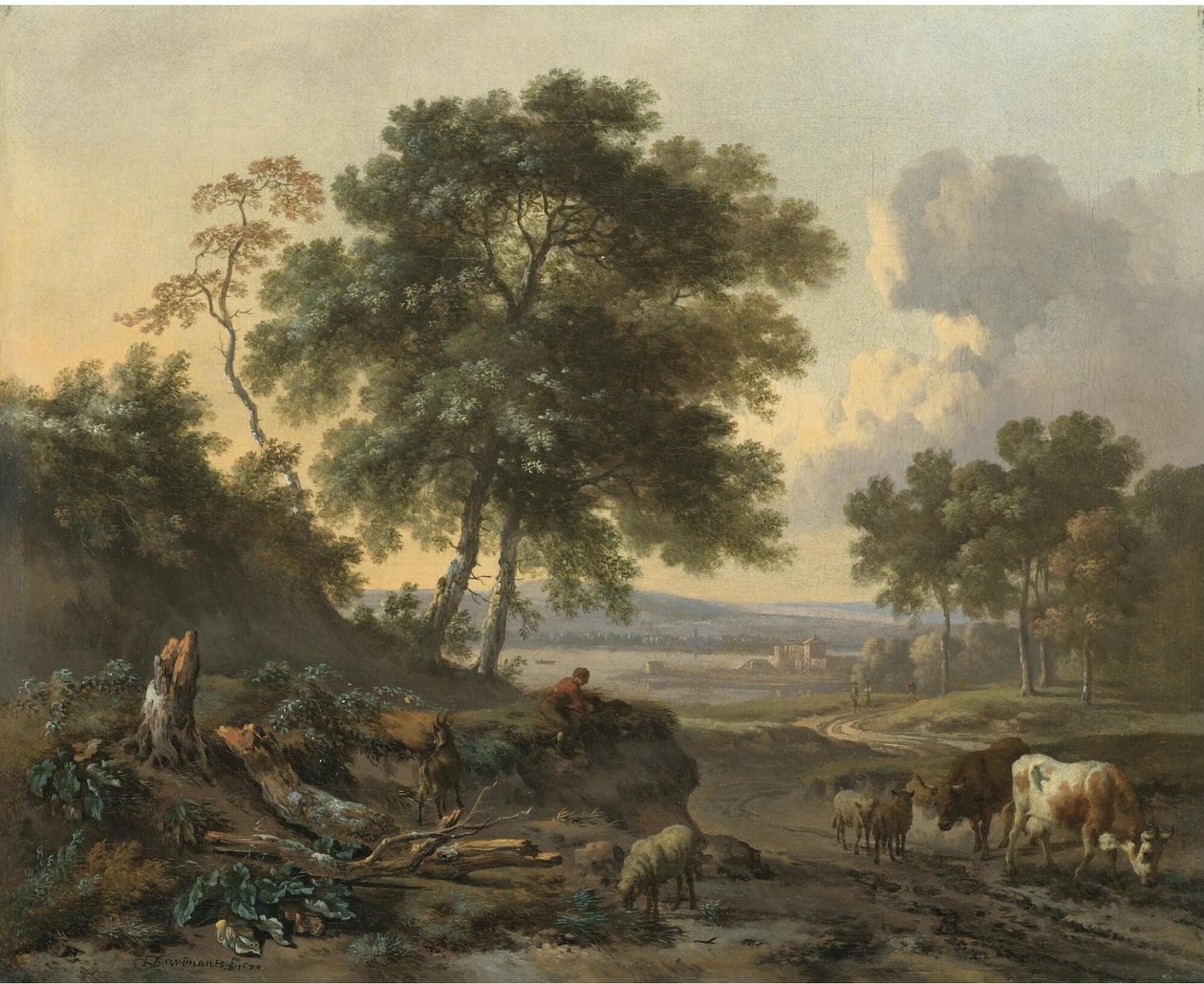 Néerlandais : Paysage avec du bétail à un gué Paysage avec du bétail à un endroit où l