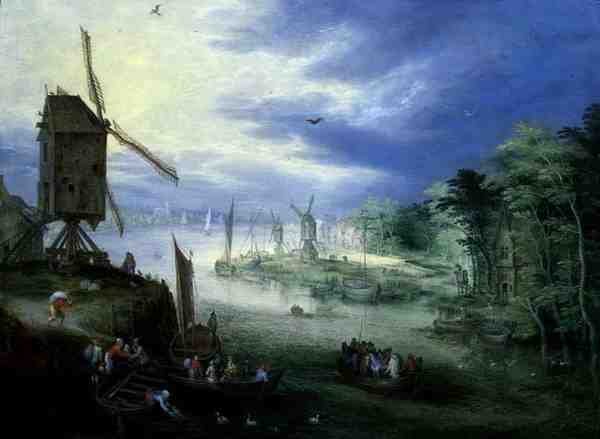 Paysage fluvial avec moulins à vent - Jan the Younger Brueghel
