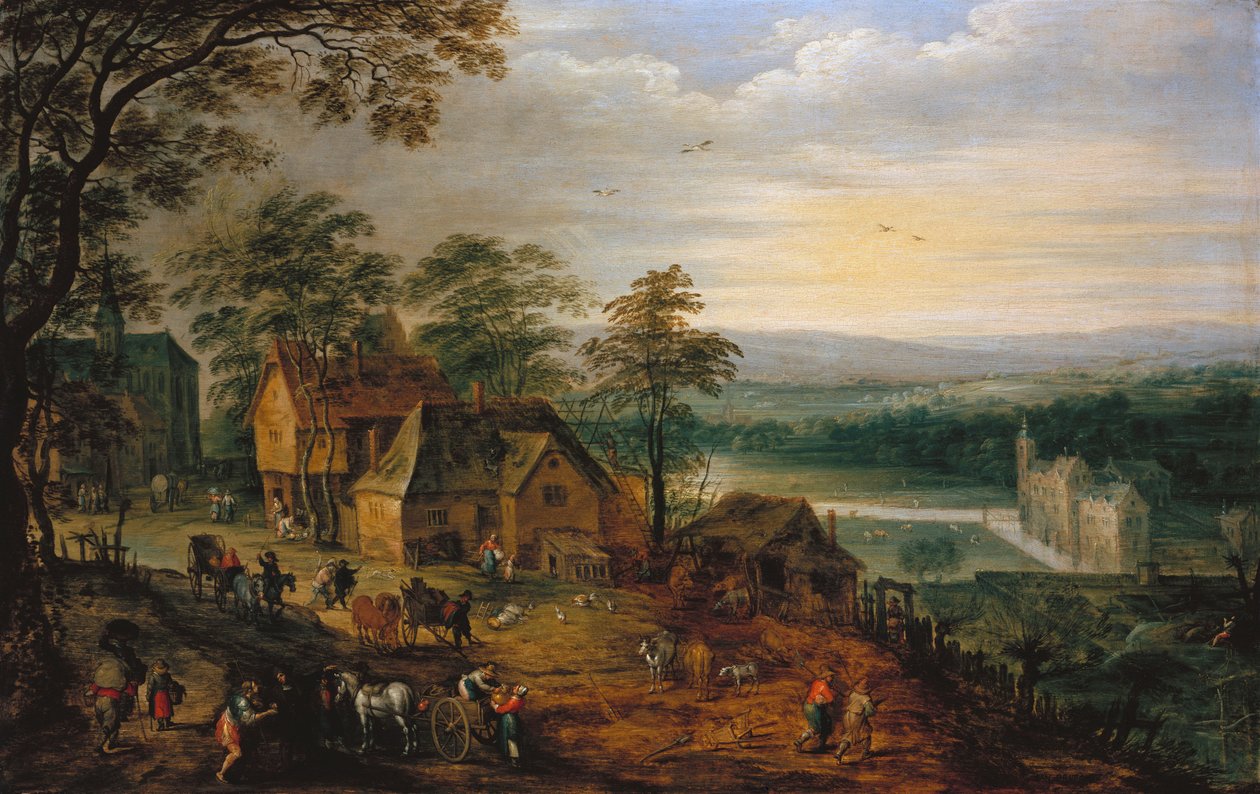 Rue de village avec figures et charrettes, un château entouré de douves en arrière-plan - Jan Brueghel the Younger