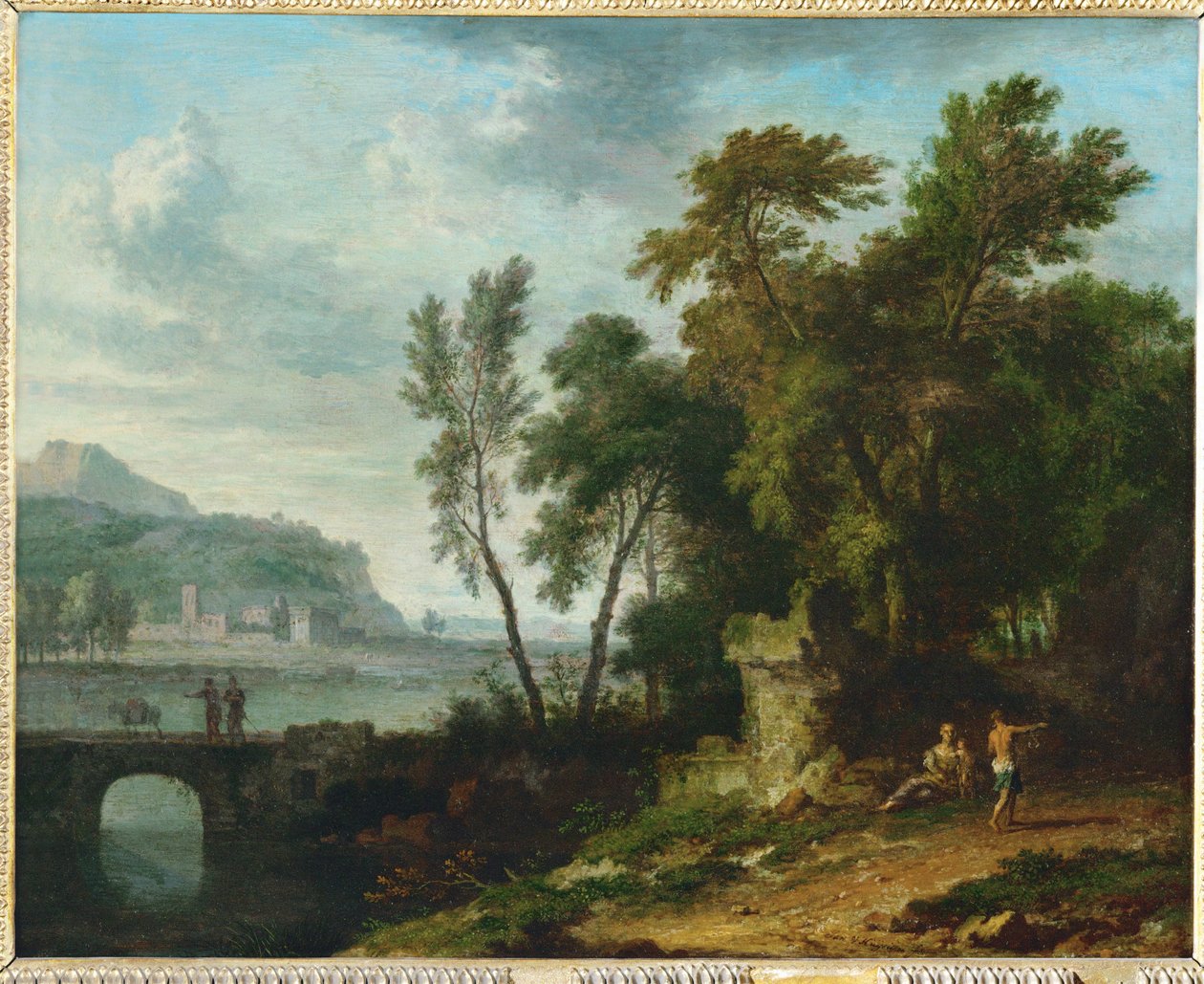 Paysage anime avec ruine et pont … - Jan van (follower of) Huysum
