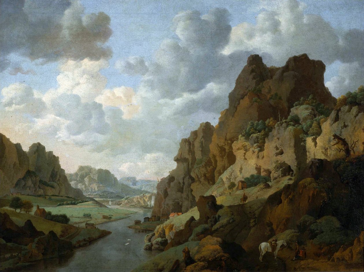 Néerlandais : Paysage de montagne avec des voyageurs au repos Paysage rocheux. - Jan van Aken