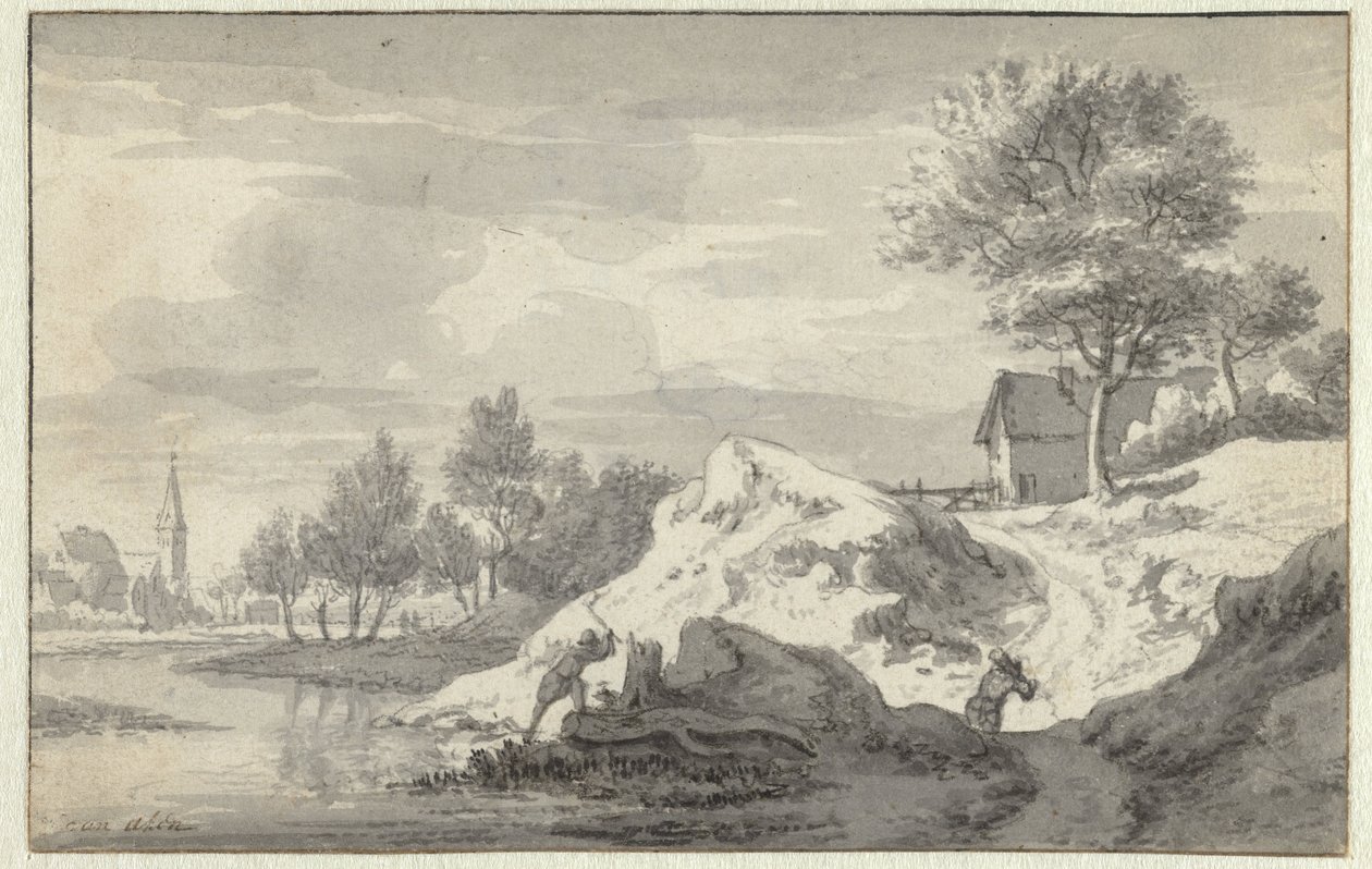 Paysage avec des personnages coupant du bois sur les rives d