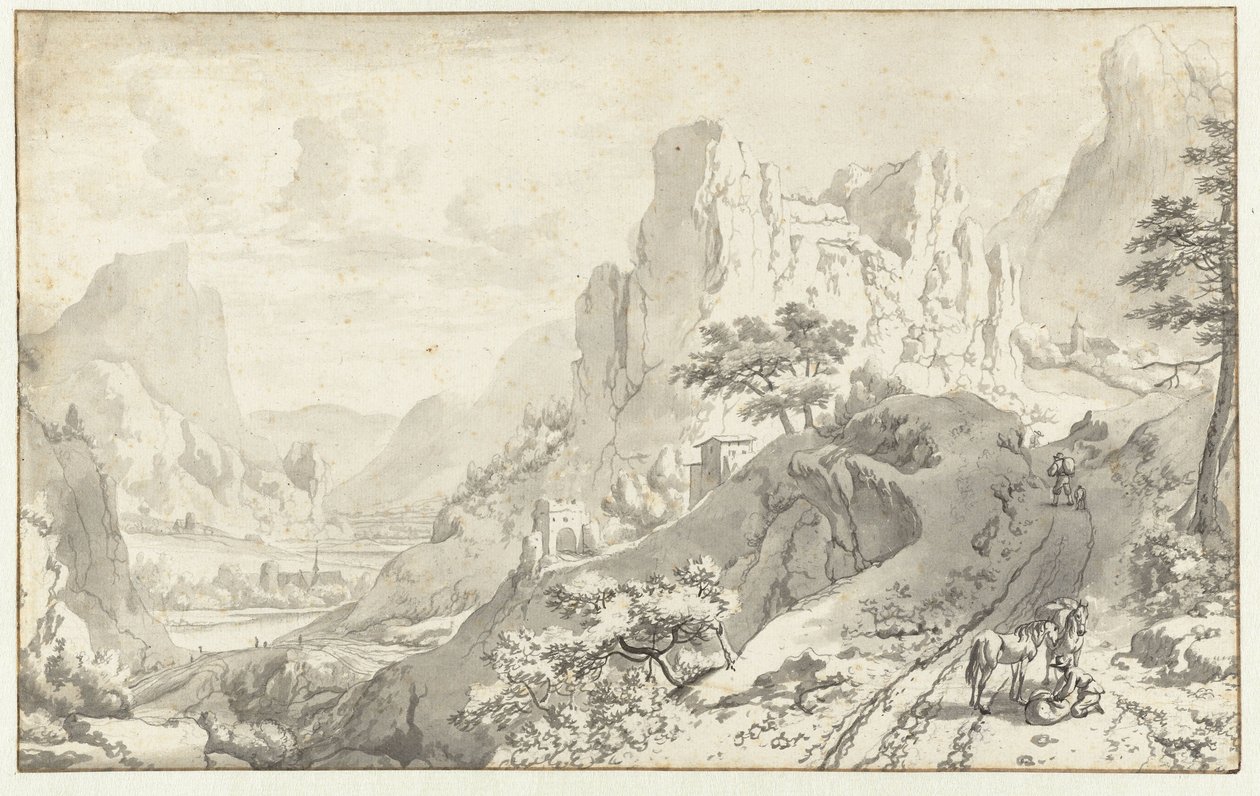 Paysage de montagne avec voyageurs sur une route - Jan van Aken
